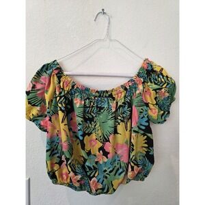 Rachel Zoe Off Shoulder Crop Top Sz M Tropical Floral BlackPinkGreen Resortwear